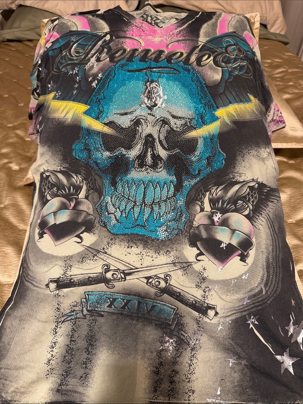 Men's Graphic Skull Tee - Black with Teal & Pink Accents